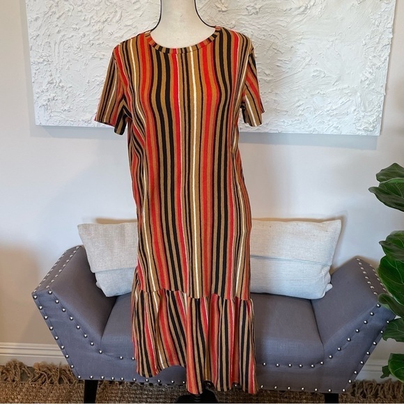 Zara Dress Striped Crepe Asymmetric Hem Short Sleeve Tan Black White Size Small - Picture 2 of 10